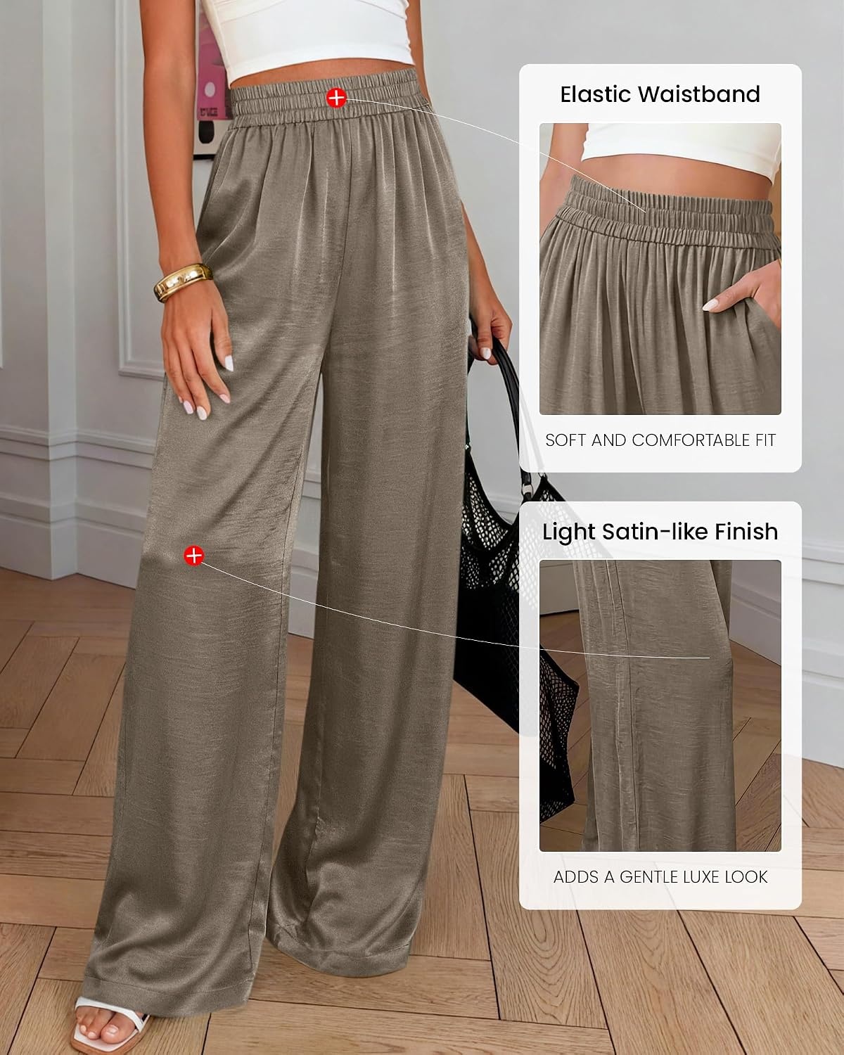 image:imageBTFBM Wide Leg Pants Woman Summer 2026 Pockets Dressy Flowy Lightweight Glitter Satin Palazzo Beach Vacation ClothesGrey Brown