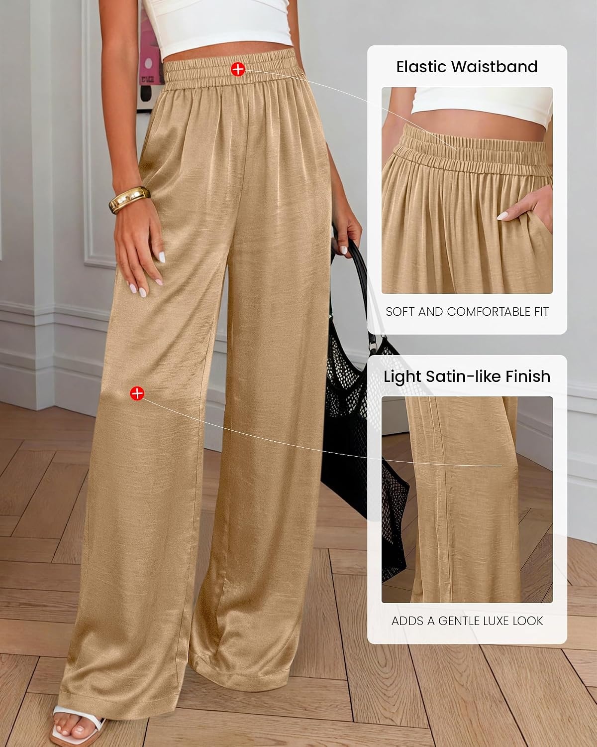 image:imageBTFBM Wide Leg Pants Woman Summer 2026 Pockets Dressy Flowy Lightweight Glitter Satin Palazzo Beach Vacation ClothesKhaki