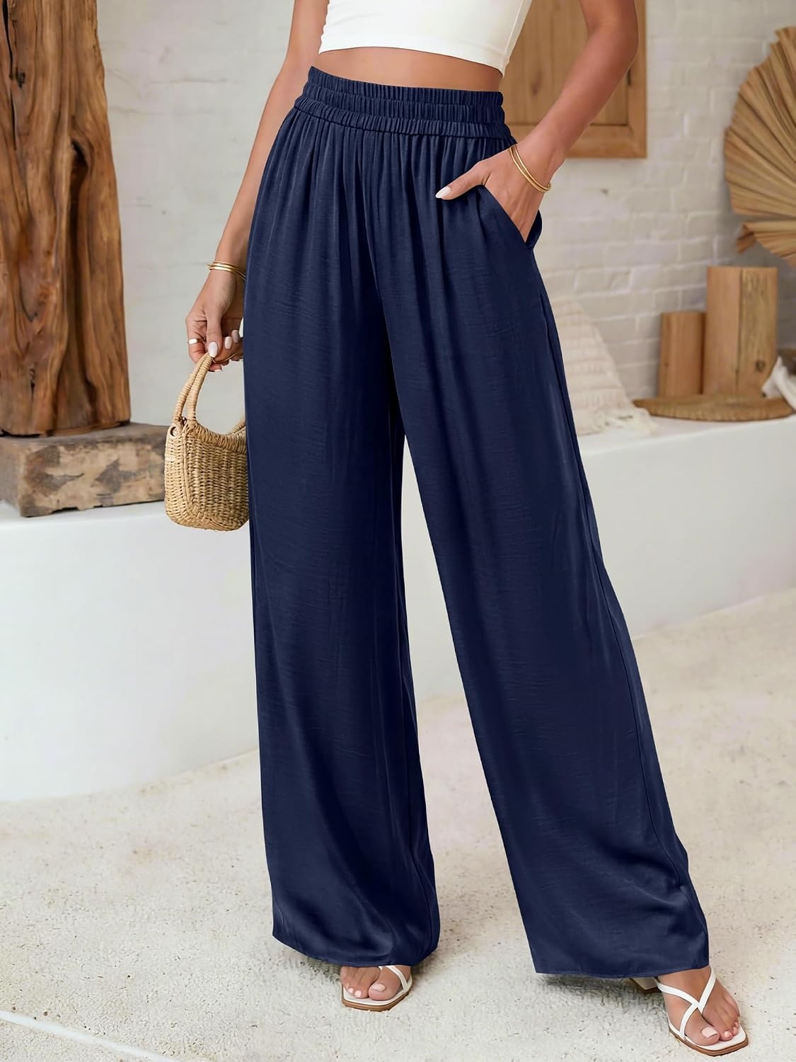 image:imageBTFBM Wide Leg Pants Woman Summer 2026 Pockets Dressy Flowy Lightweight Glitter Satin Palazzo Beach Vacation ClothesNavy