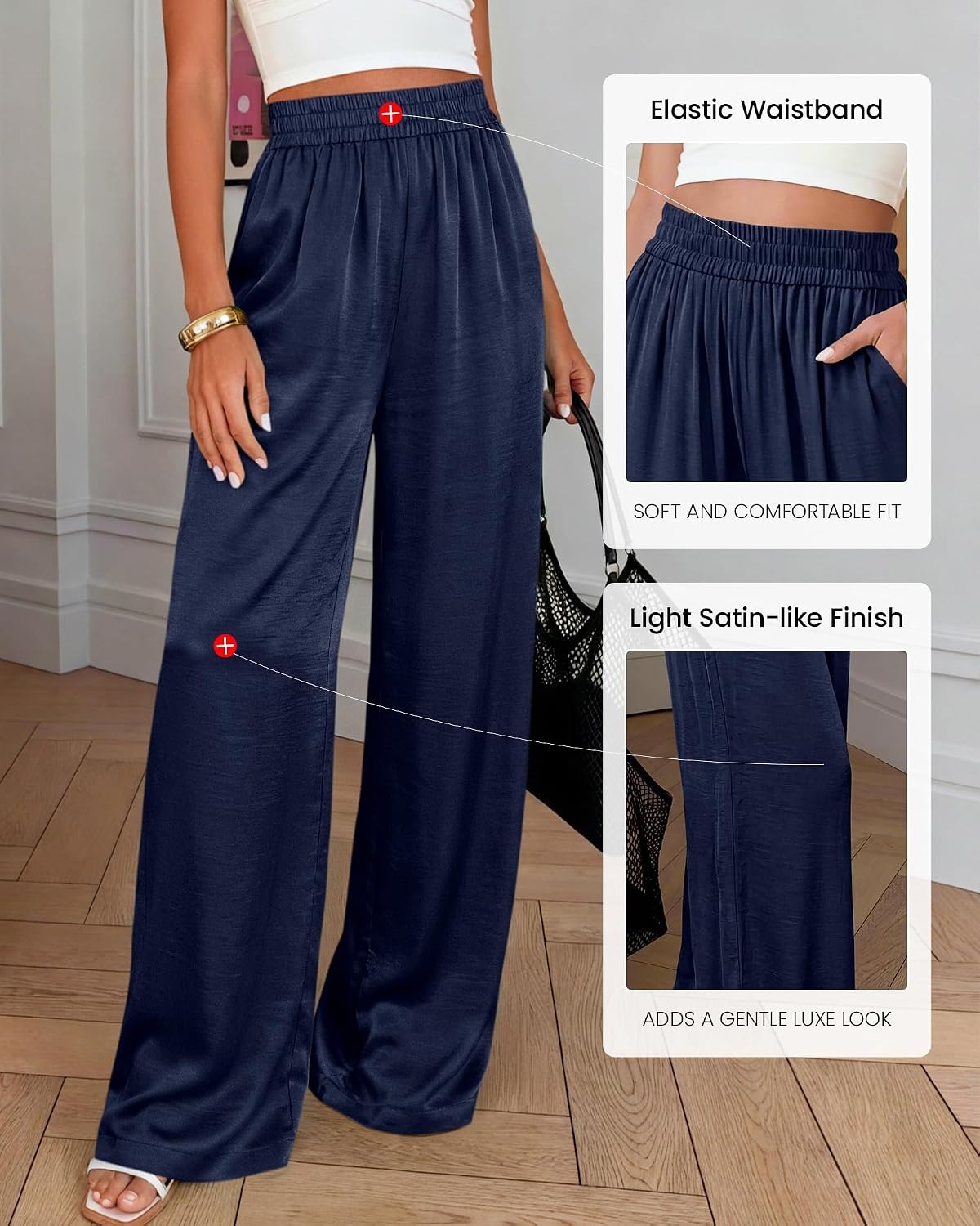 image:imageBTFBM Wide Leg Pants Woman Summer 2026 Pockets Dressy Flowy Lightweight Glitter Satin Palazzo Beach Vacation ClothesNavy