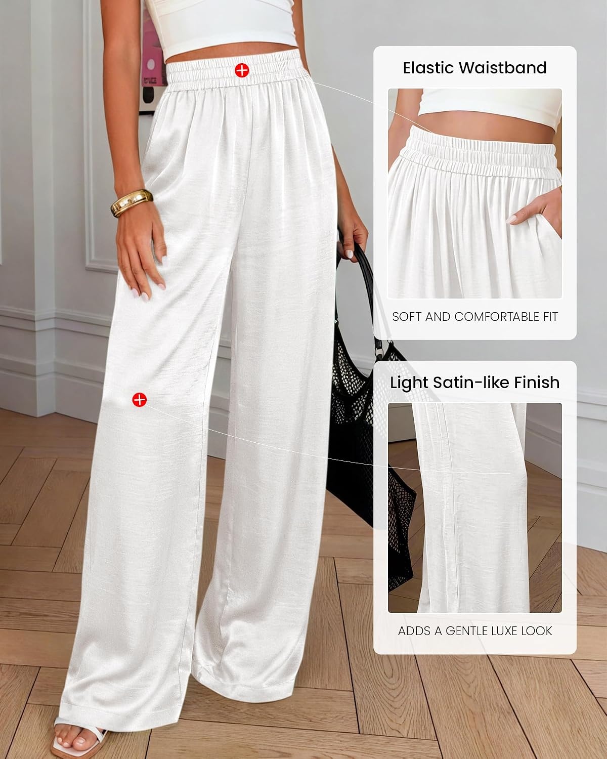image:imageBTFBM Wide Leg Pants Woman Summer 2026 Pockets Dressy Flowy Lightweight Glitter Satin Palazzo Beach Vacation ClothesWhite