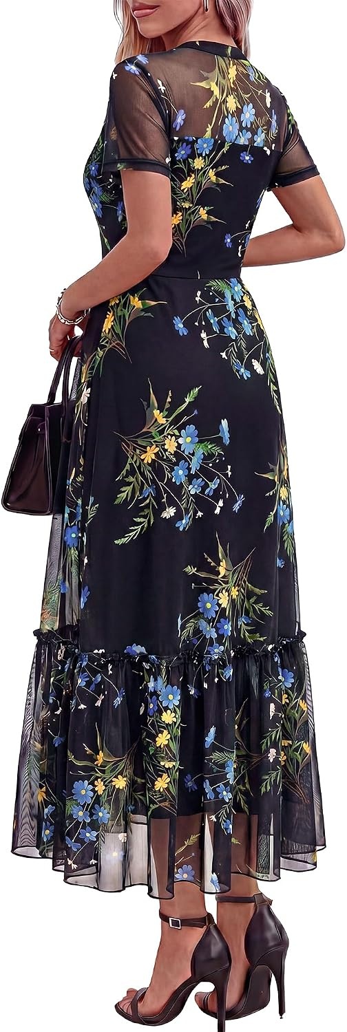 image:imageBTFBM Womens Mesh Ruffle Boho Cocktail DressesFloral Black Blue