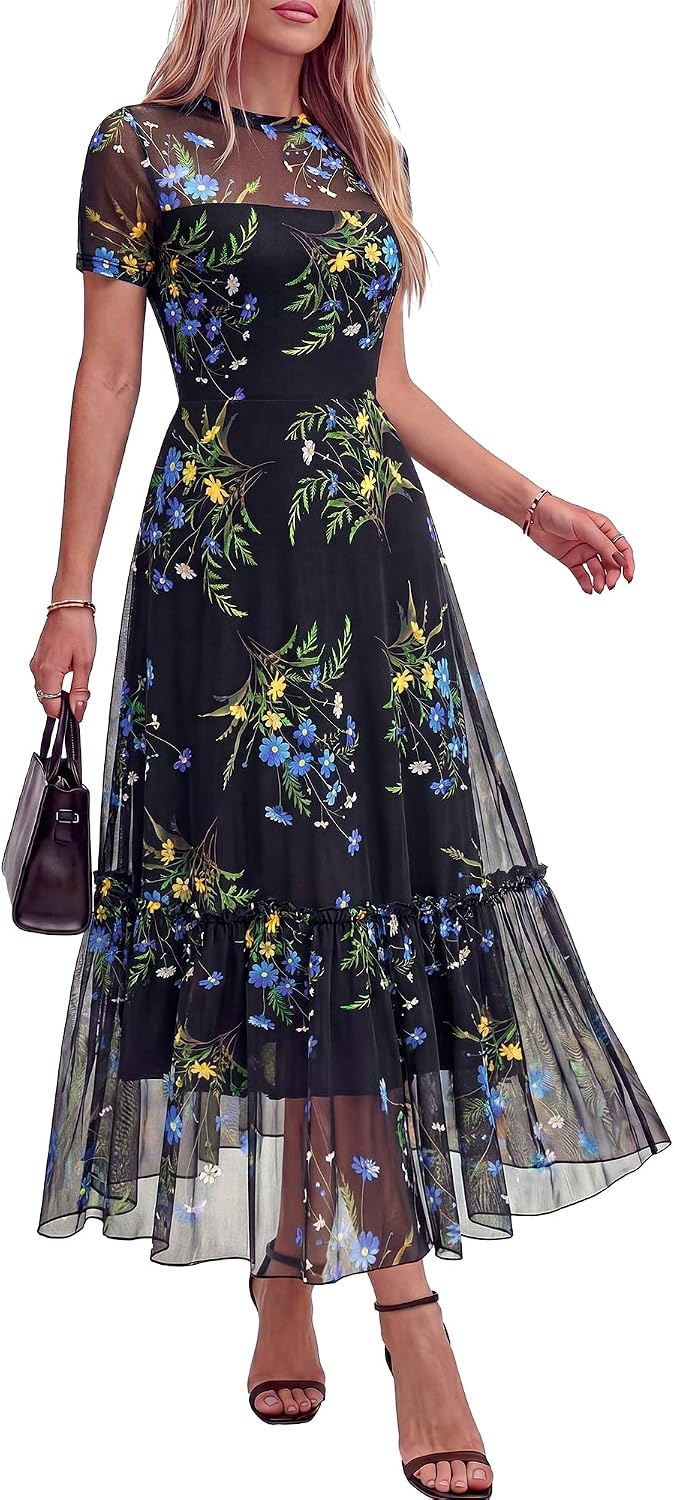 image:imageBTFBM Womens Mesh Ruffle Boho Cocktail DressesFloral Black Blue