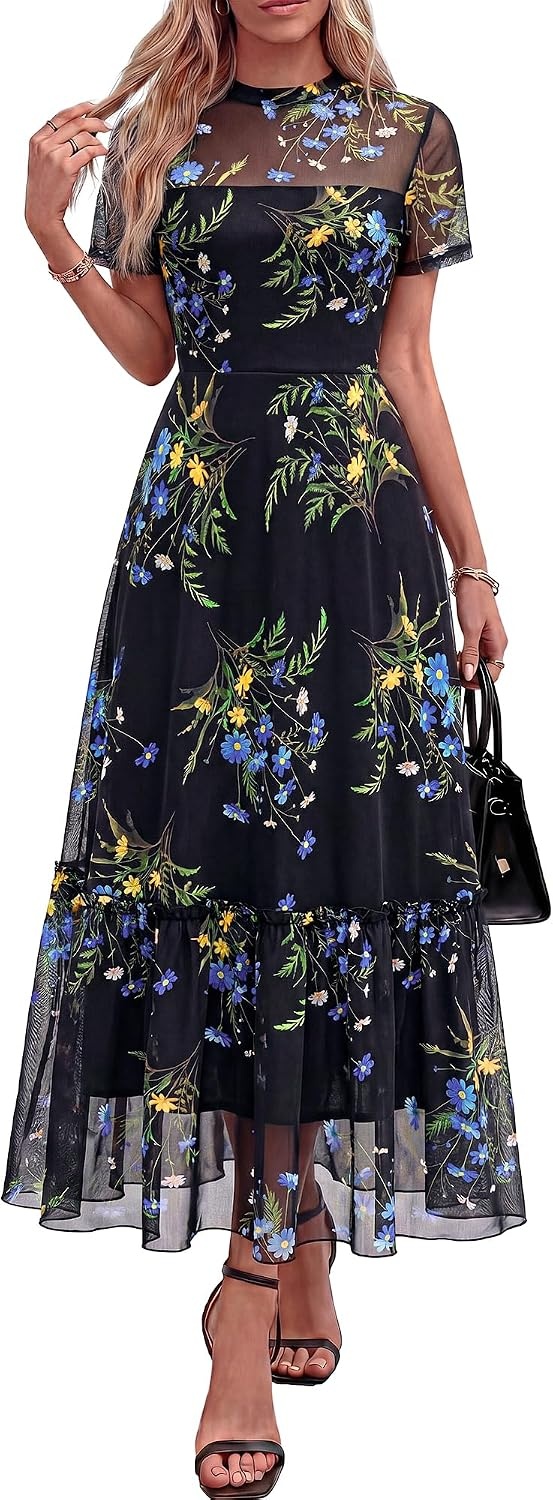 image:imageBTFBM Womens Mesh Ruffle Boho Cocktail DressesFloral Black Blue