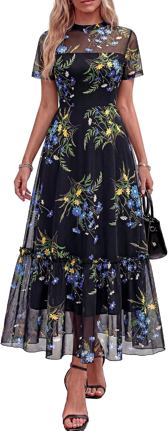 image:imageBTFBM Womens Mesh Ruffle Boho Cocktail DressesFloral Black Blue