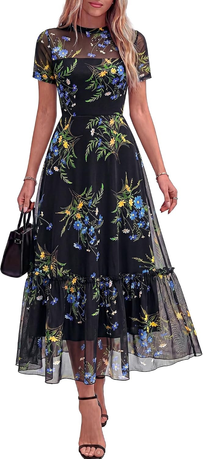 image:imageBTFBM Womens Mesh Ruffle Boho Cocktail DressesFloral Black Blue