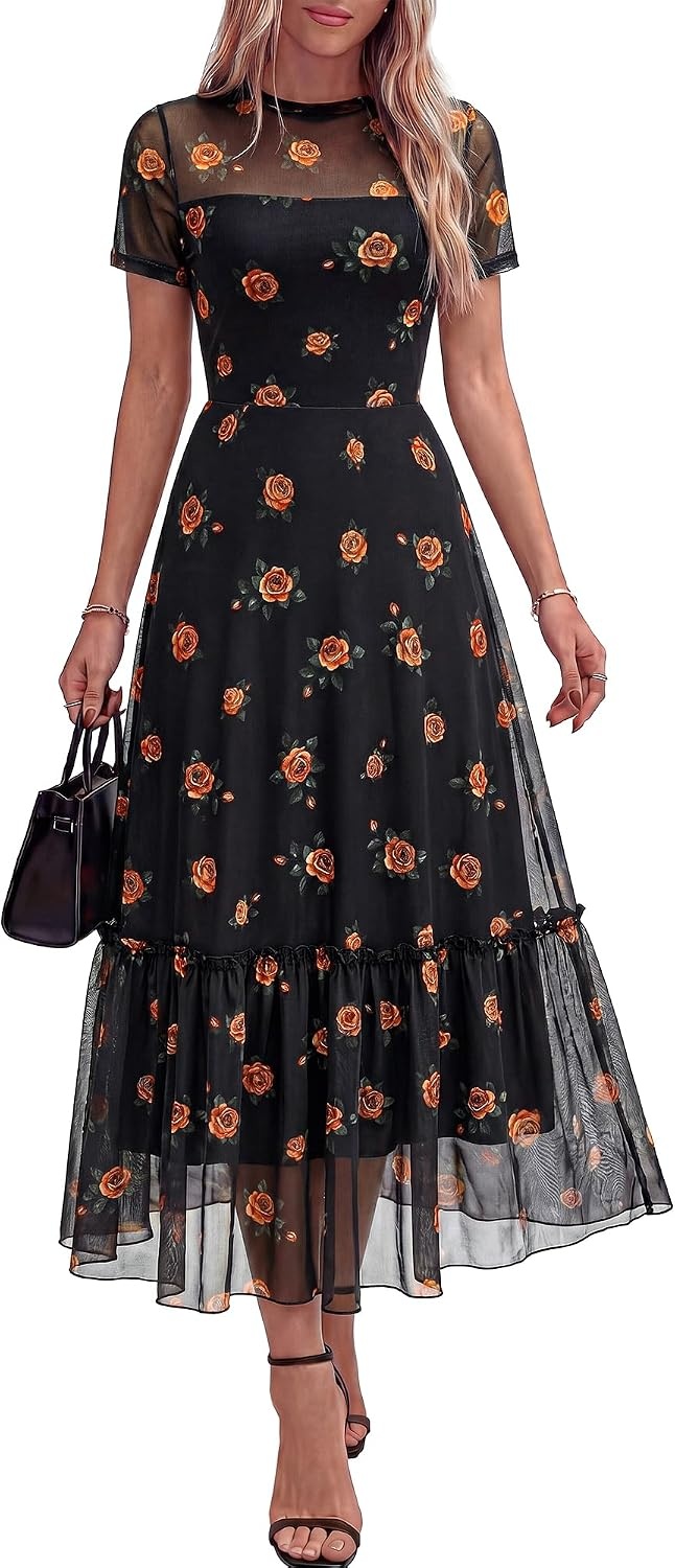 image:imageBTFBM Womens Mesh Ruffle Boho Cocktail DressesFloral Black Orange