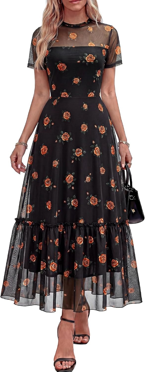image:imageBTFBM Womens Mesh Ruffle Boho Cocktail DressesFloral Black Orange