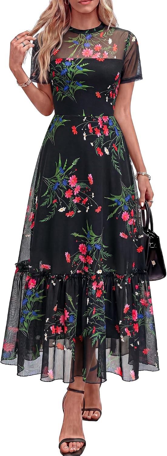 image:imageBTFBM Womens Mesh Ruffle Boho Cocktail DressesFloral Black Pink
