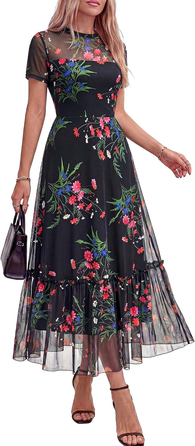 image:imageBTFBM Womens Mesh Ruffle Boho Cocktail DressesFloral Black Pink
