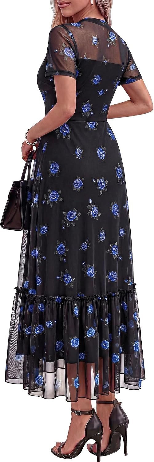 image:imageBTFBM Womens Mesh Ruffle Boho Cocktail DressesFloral Black Royal Blue