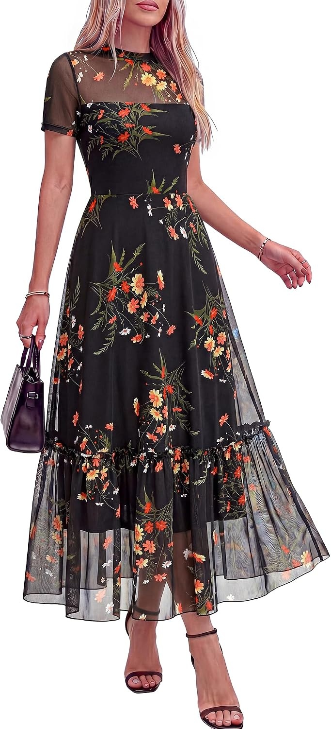 image:imageBTFBM Womens Mesh Ruffle Boho Cocktail DressesFloral Black Yellow