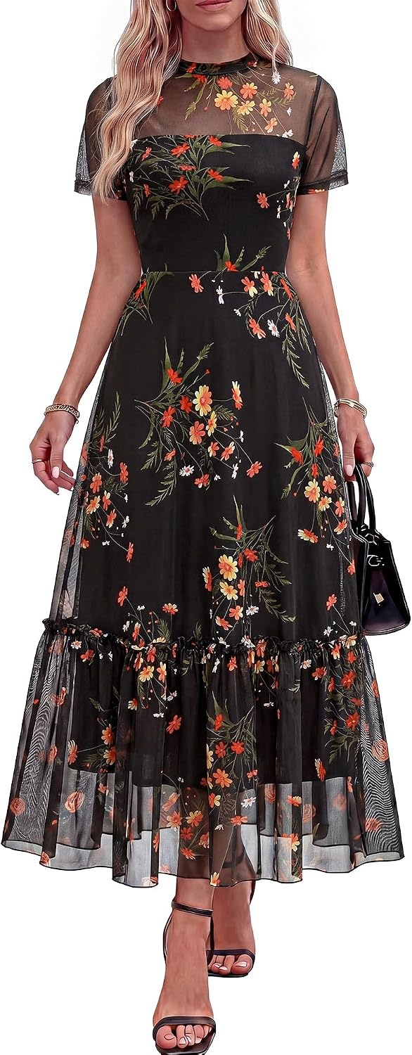 image:imageBTFBM Womens Mesh Ruffle Boho Cocktail DressesFloral Black Yellow