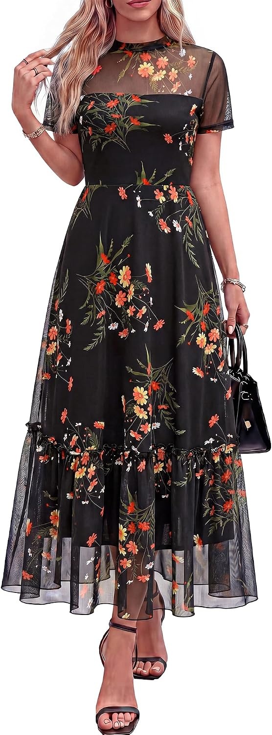 image:imageBTFBM Womens Mesh Ruffle Boho Cocktail DressesFloral Black Yellow