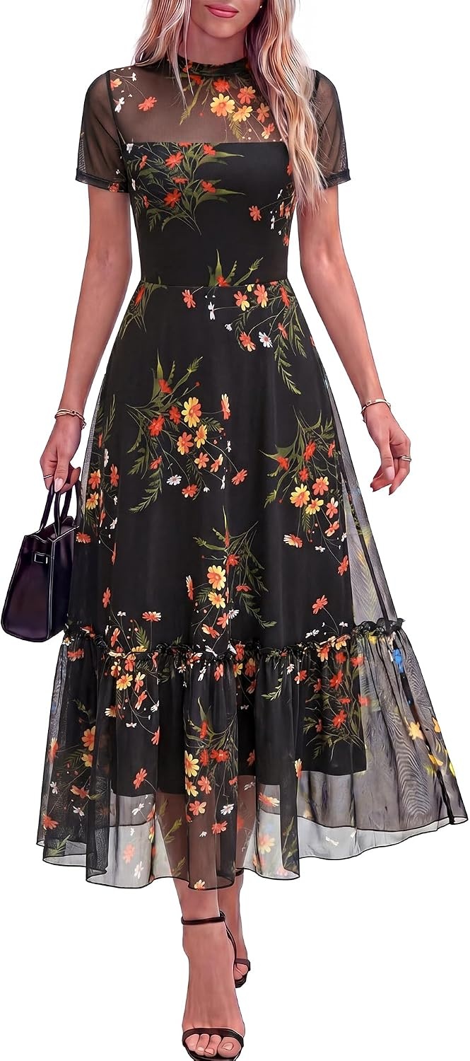 image:imageBTFBM Womens Mesh Ruffle Boho Cocktail DressesFloral Black Yellow