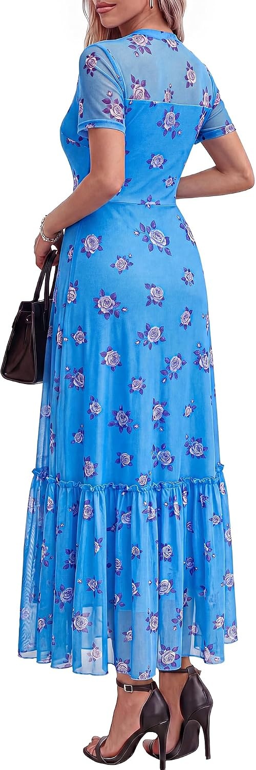 image:imageBTFBM Womens Mesh Ruffle Boho Cocktail DressesFloral Light Blue Purple