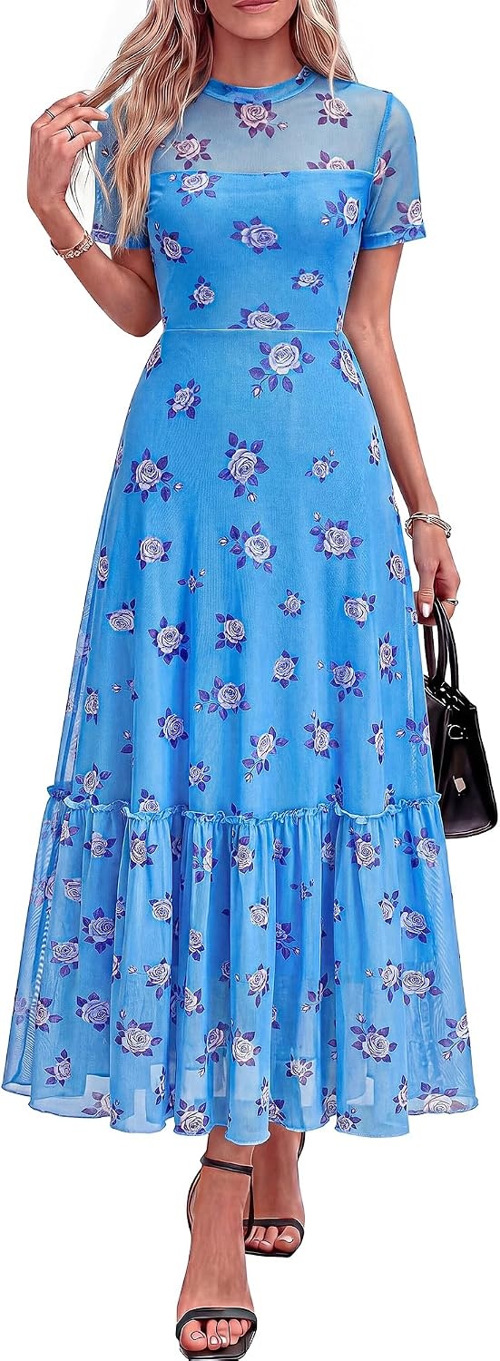 image:imageBTFBM Womens Mesh Ruffle Boho Cocktail DressesFloral Light Blue Purple