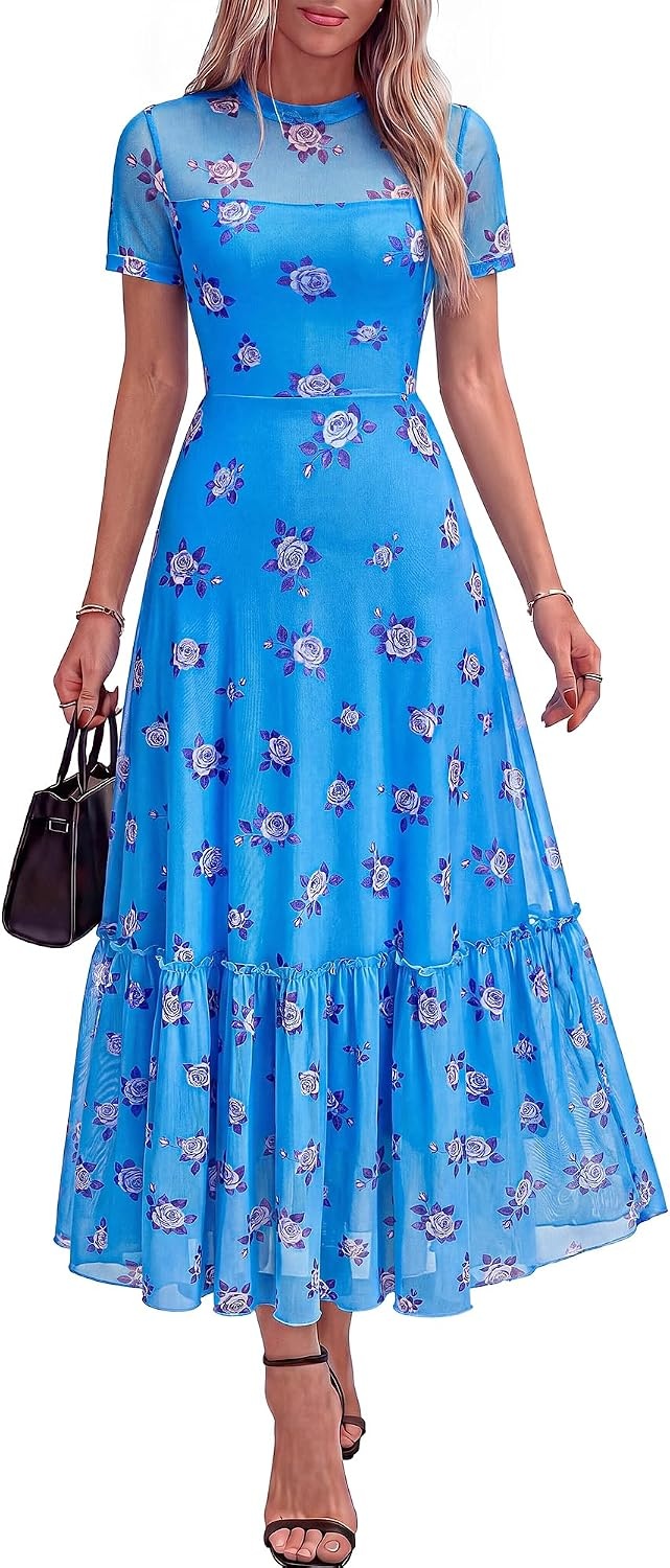 image:imageBTFBM Womens Mesh Ruffle Boho Cocktail DressesFloral Light Blue Purple
