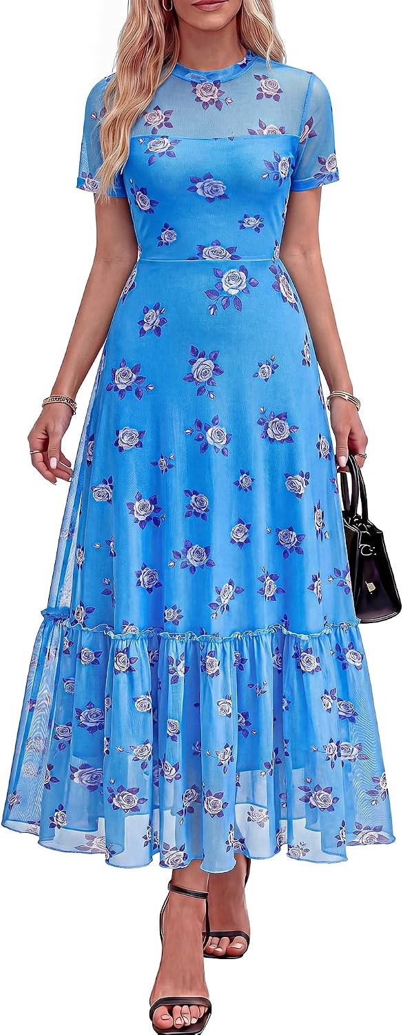 image:imageBTFBM Womens Mesh Ruffle Boho Cocktail DressesFloral Light Blue Purple