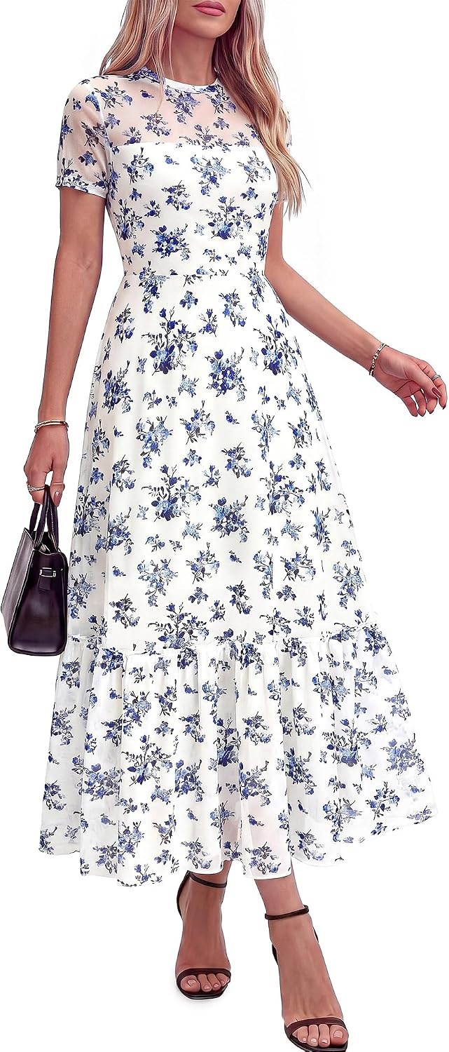 image:imageBTFBM Womens Mesh Ruffle Boho Cocktail DressesFloral White Blue