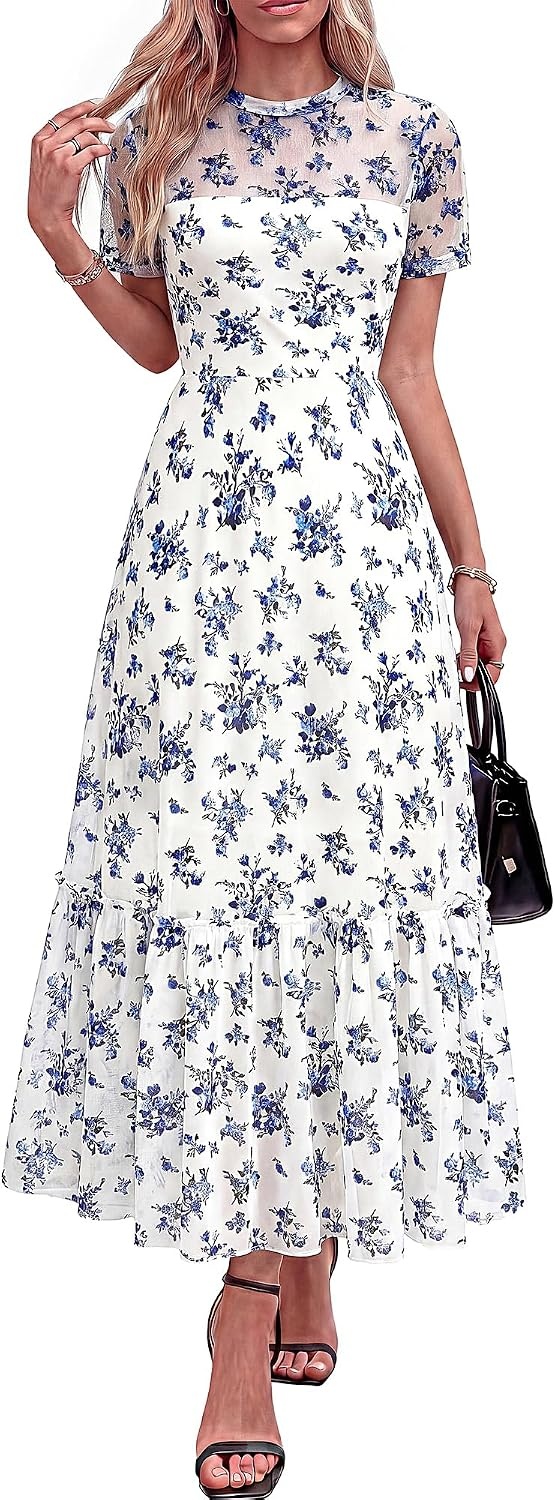 image:imageBTFBM Womens Mesh Ruffle Boho Cocktail DressesFloral White Blue