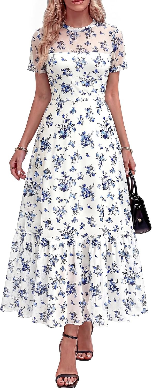 image:imageBTFBM Womens Mesh Ruffle Boho Cocktail DressesFloral White Blue