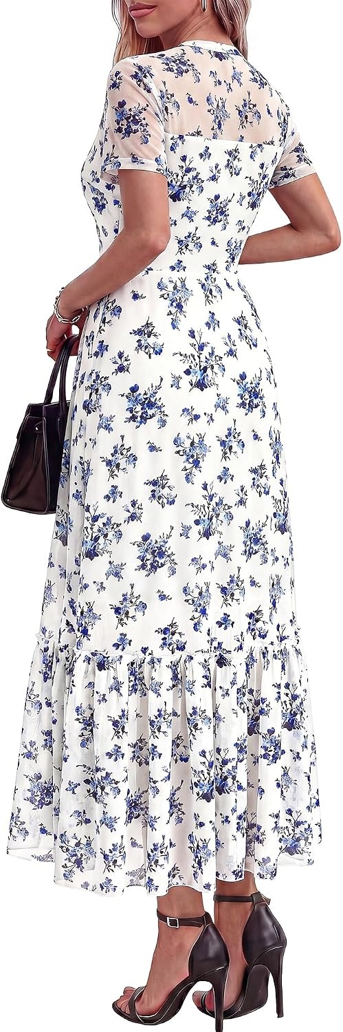 image:imageBTFBM Womens Mesh Ruffle Boho Cocktail DressesFloral White Blue