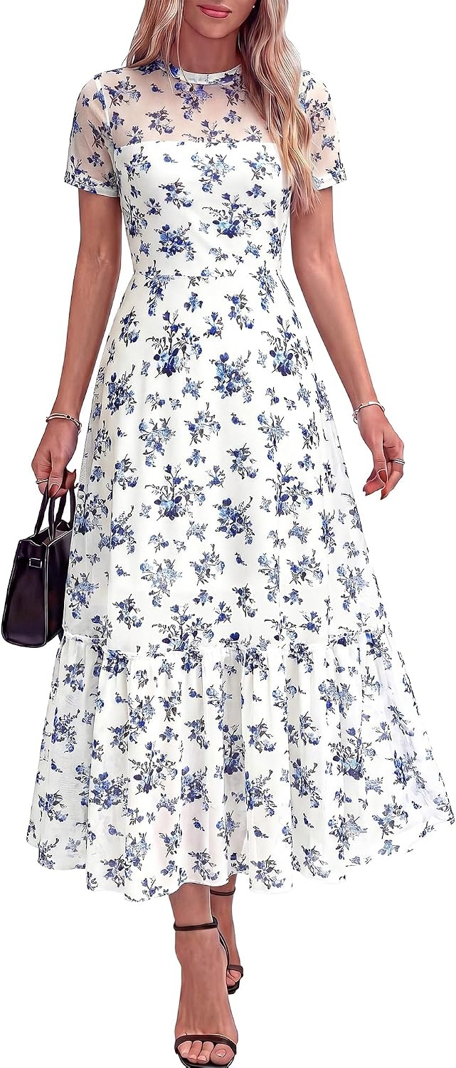 image:imageBTFBM Womens Mesh Ruffle Boho Cocktail DressesFloral White Blue