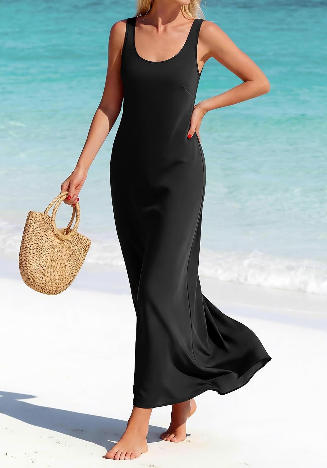 image:imageBTFBM Womens Sleeveless Satin Summer DressesBlack