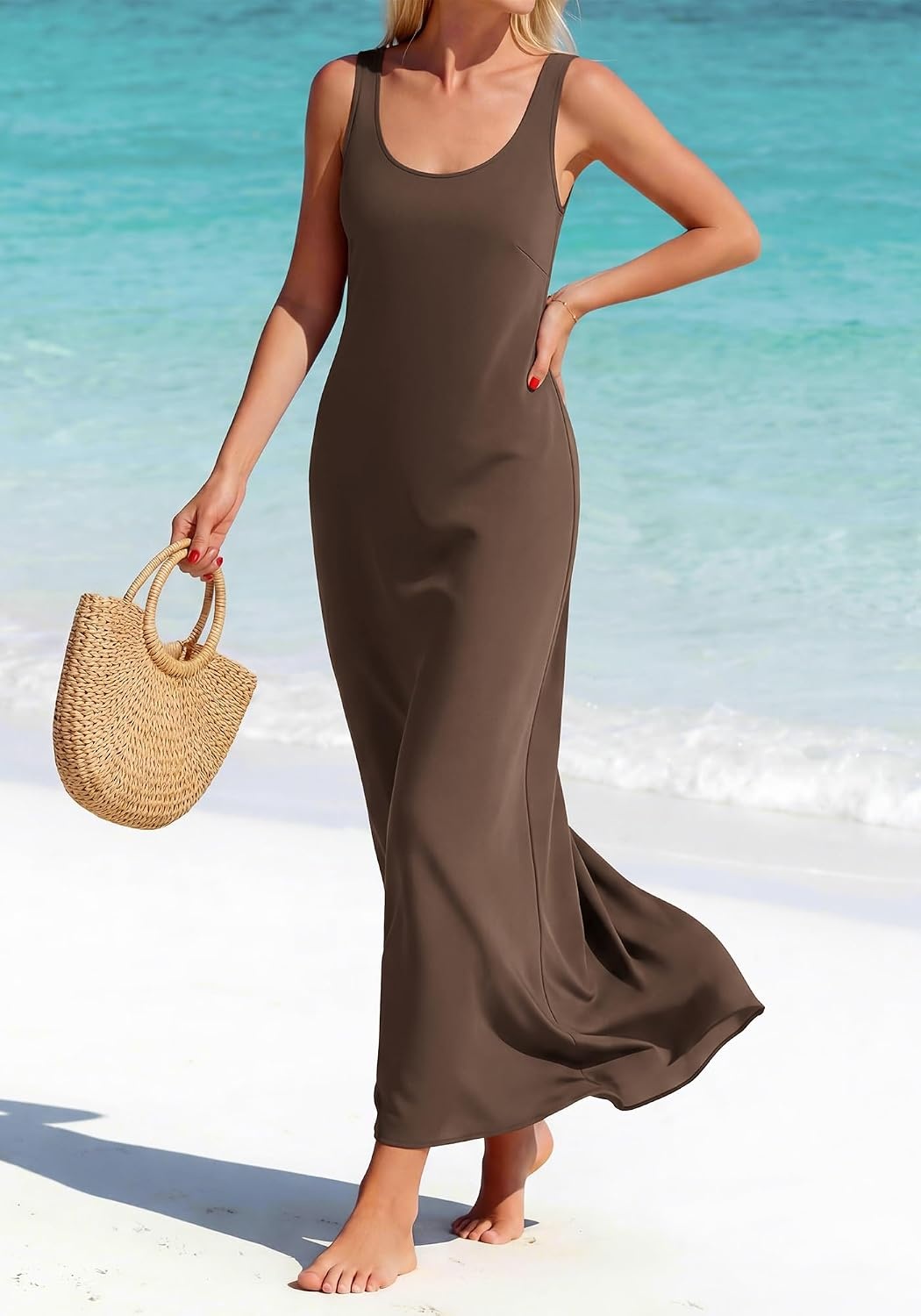 image:imageBTFBM Womens Sleeveless Satin Summer DressesBrown