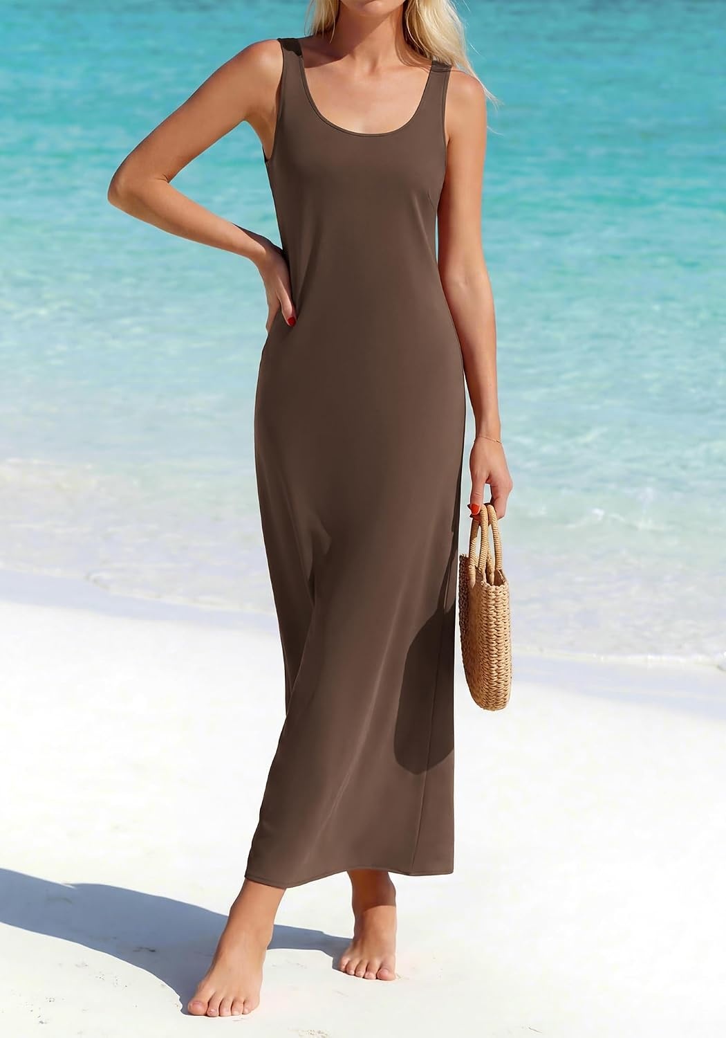 image:imageBTFBM Womens Sleeveless Satin Summer DressesBrown