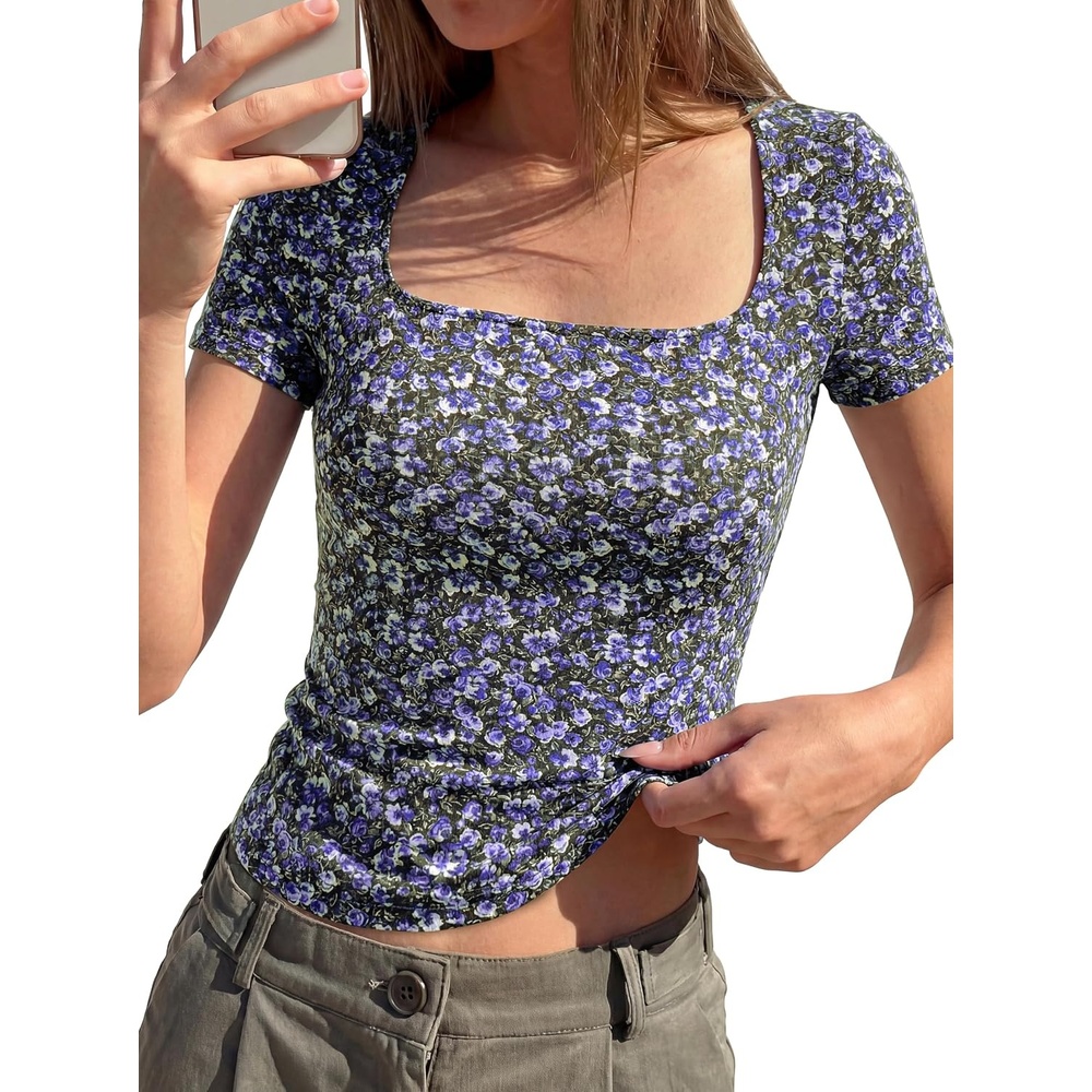 image:imageBTFBM Square Neck Tops for Women Floral Summer ShirtsBlack Purple Flower