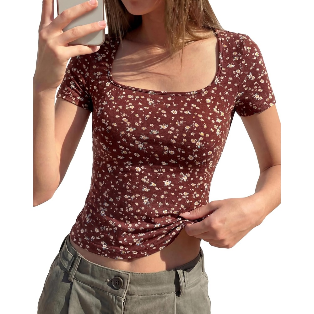image:imageBTFBM Square Neck Tops for Women Floral Summer ShirtsBrown Beige Flower