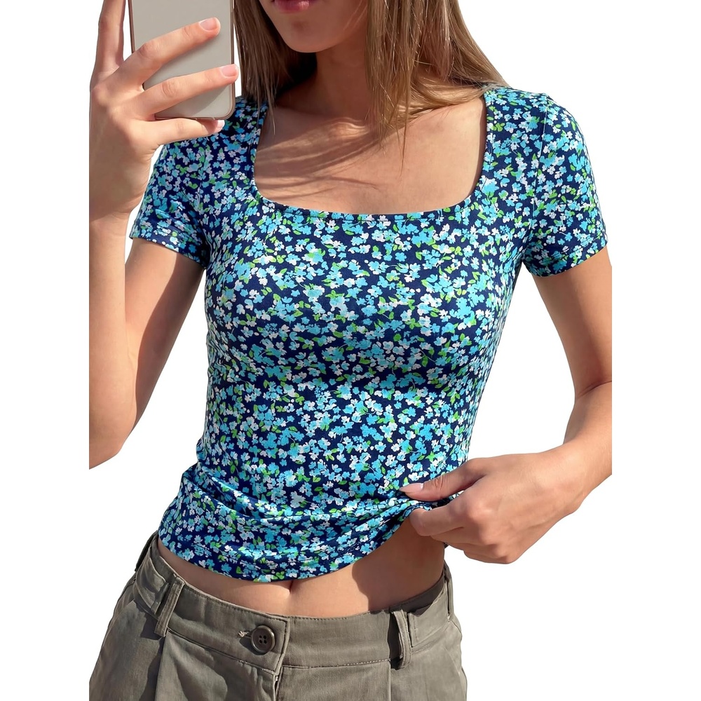 image:imageBTFBM Square Neck Tops for Women Floral Summer ShirtsDark Blue Blue Flower