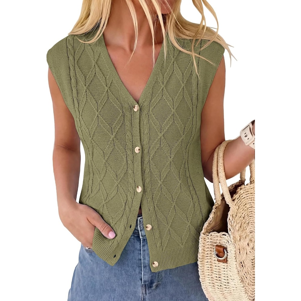 image:imageBTFBM Vest Tops for Women Summer V Neck Button Loose Lightweight Cardigan Knit Cap Sleeve Sweater Vests Fashion ClothingArmy Green