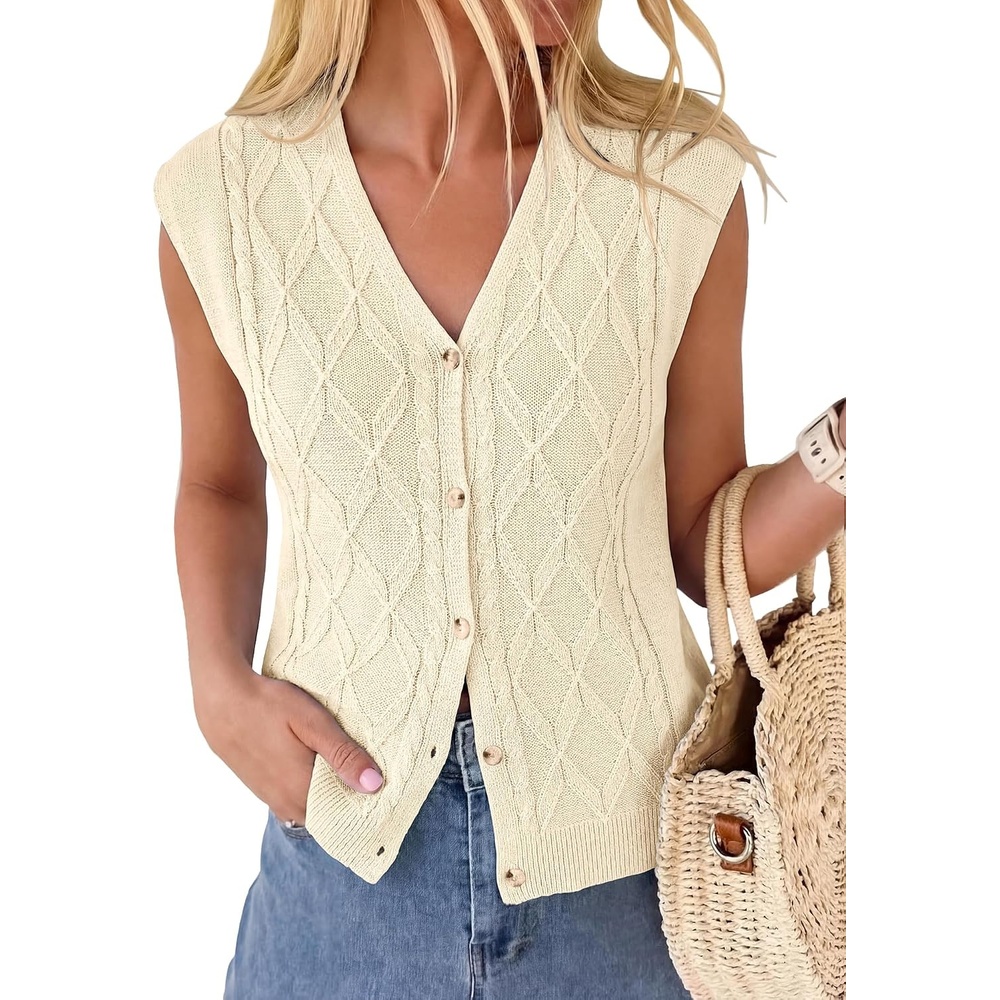 image:imageBTFBM Vest Tops for Women Summer V Neck Button Loose Lightweight Cardigan Knit Cap Sleeve Sweater Vests Fashion ClothingBeige