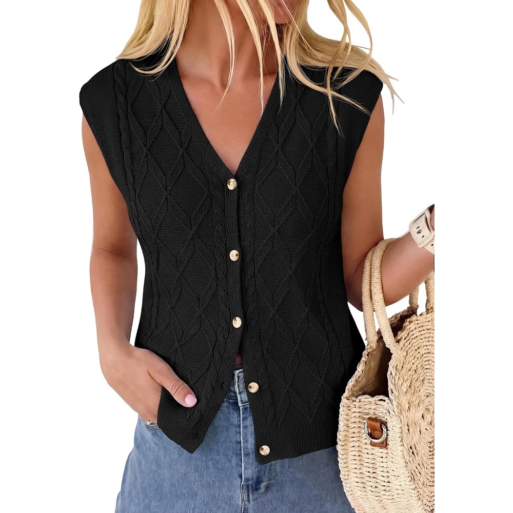 image:imageBTFBM Vest Tops for Women Summer V Neck Button Loose Lightweight Cardigan Knit Cap Sleeve Sweater Vests Fashion ClothingBlack