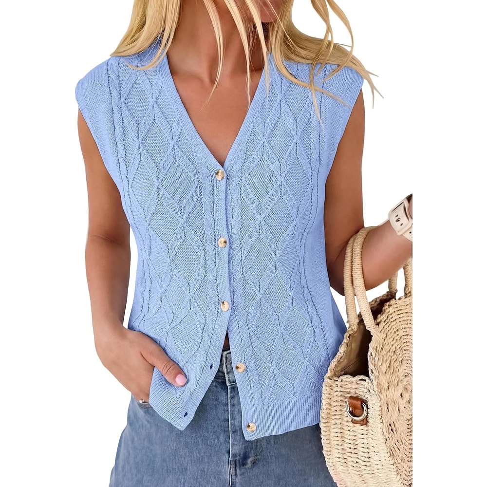 image:imageBTFBM Vest Tops for Women Summer V Neck Button Loose Lightweight Cardigan Knit Cap Sleeve Sweater Vests Fashion ClothingLight Blue