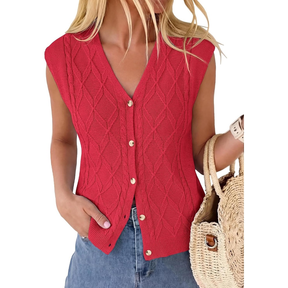 image:imageBTFBM Vest Tops for Women Summer V Neck Button Loose Lightweight Cardigan Knit Cap Sleeve Sweater Vests Fashion ClothingRed