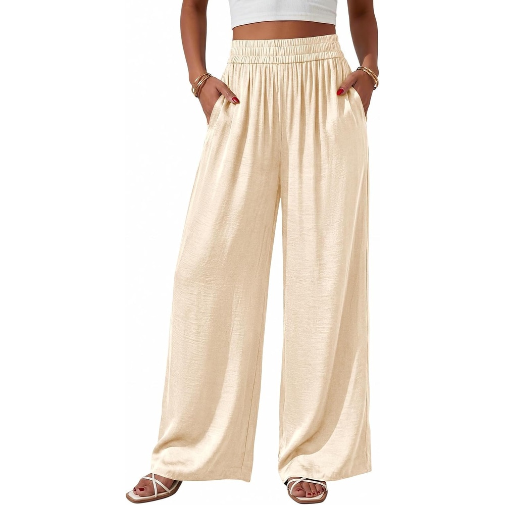 image:imageBTFBM Wide Leg Pants Woman Summer 2026 Pockets Dressy Flowy Lightweight Glitter Satin Palazzo Beach Vacation ClothesBeige