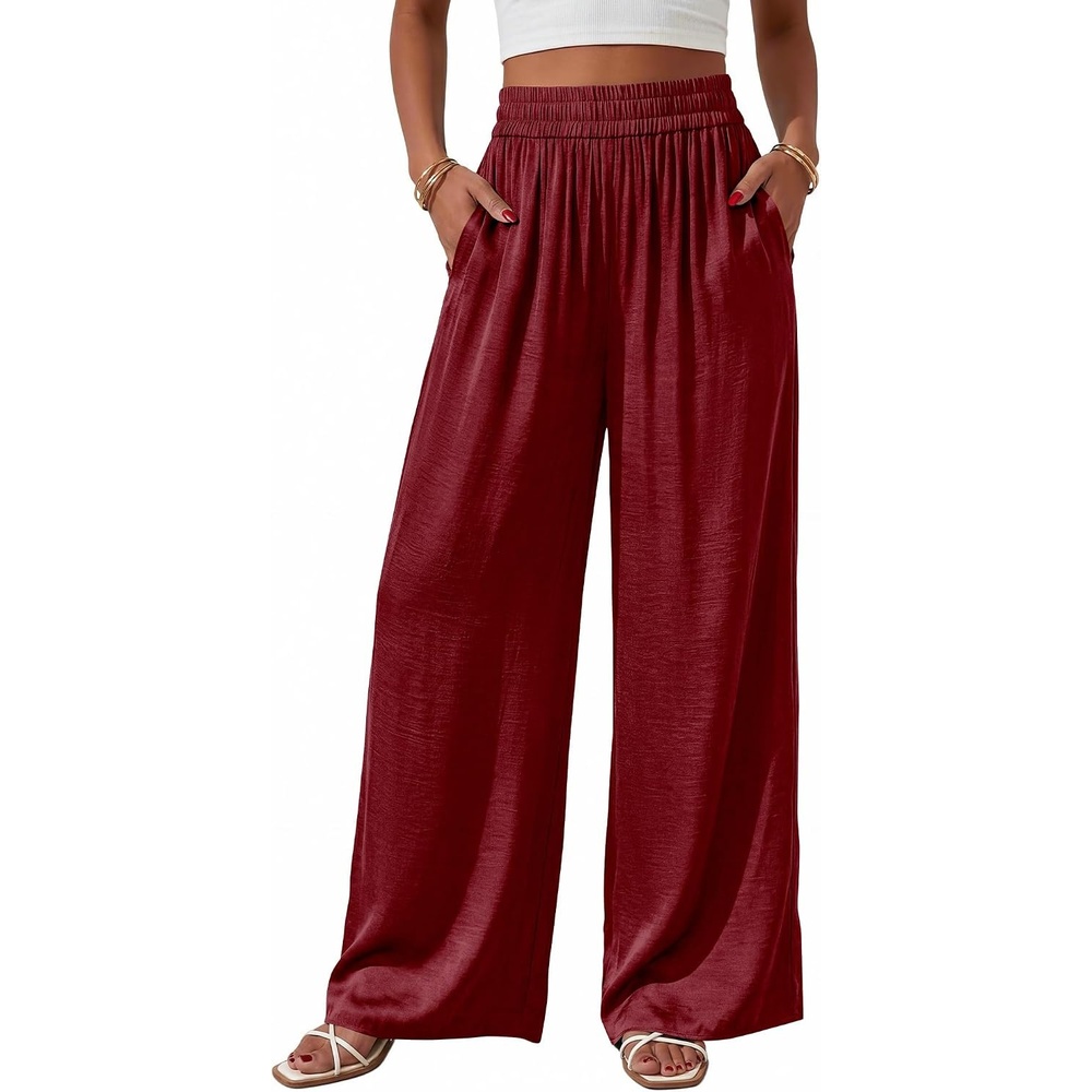 image:imageBTFBM Wide Leg Pants Woman Summer 2026 Pockets Dressy Flowy Lightweight Glitter Satin Palazzo Beach Vacation ClothesBurgundy