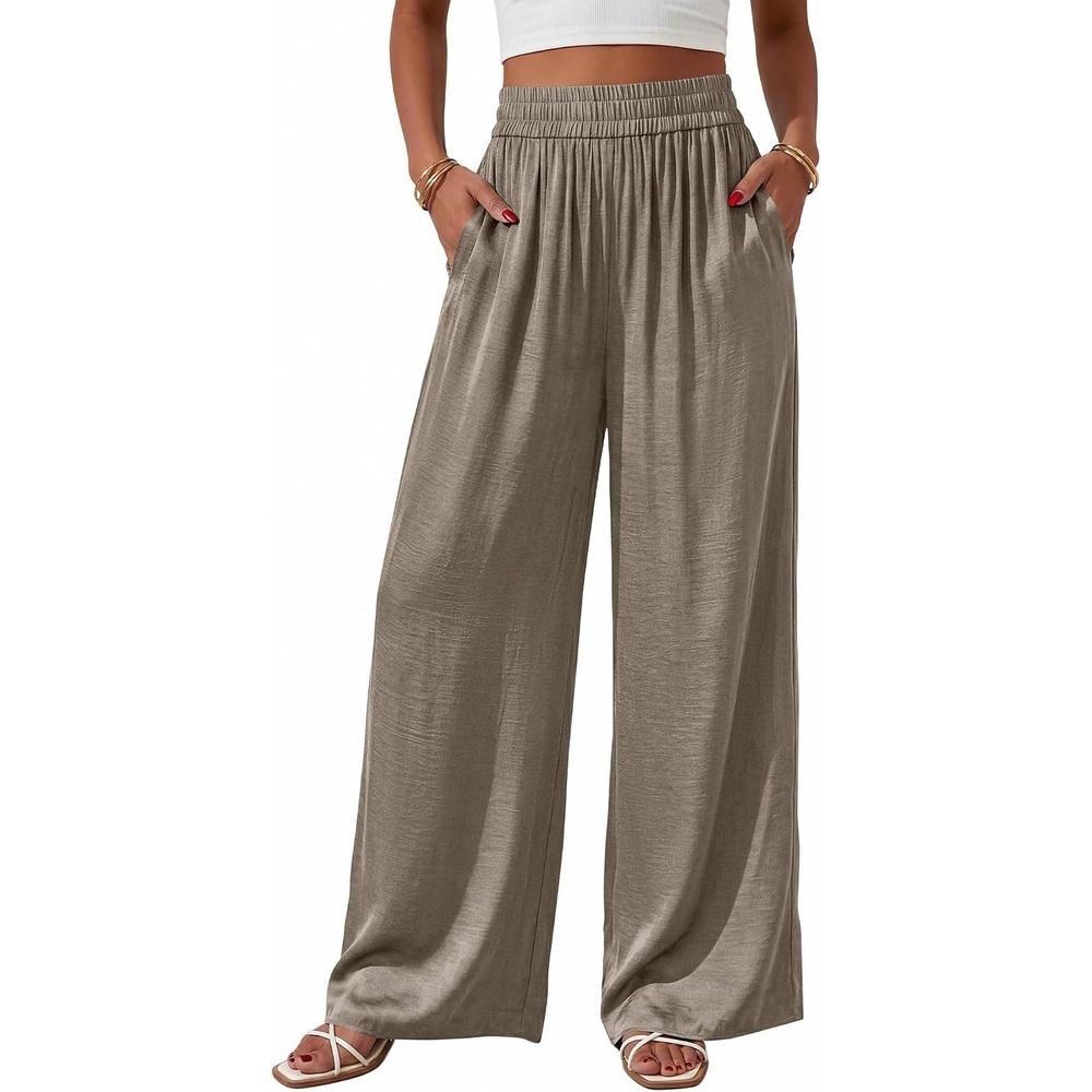 image:imageBTFBM Wide Leg Pants Woman Summer 2026 Pockets Dressy Flowy Lightweight Glitter Satin Palazzo Beach Vacation ClothesGrey Brown