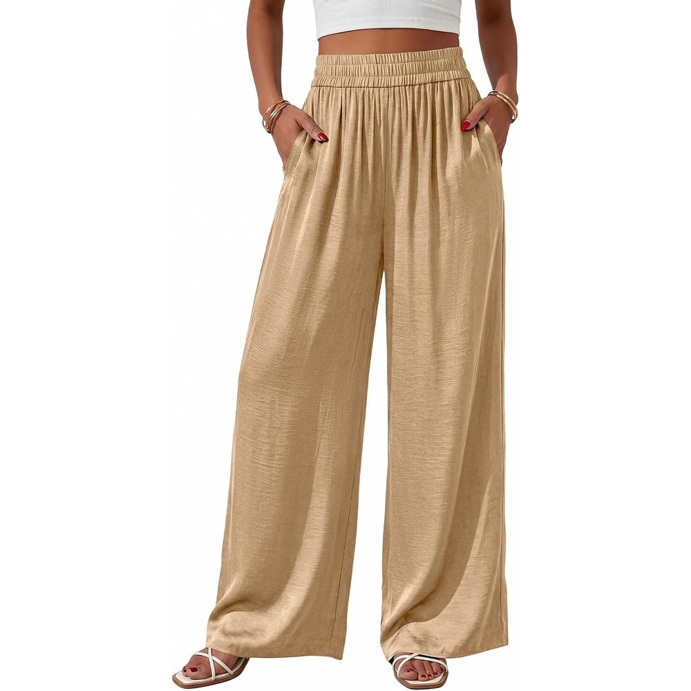 image:imageBTFBM Wide Leg Pants Woman Summer 2026 Pockets Dressy Flowy Lightweight Glitter Satin Palazzo Beach Vacation ClothesKhaki
