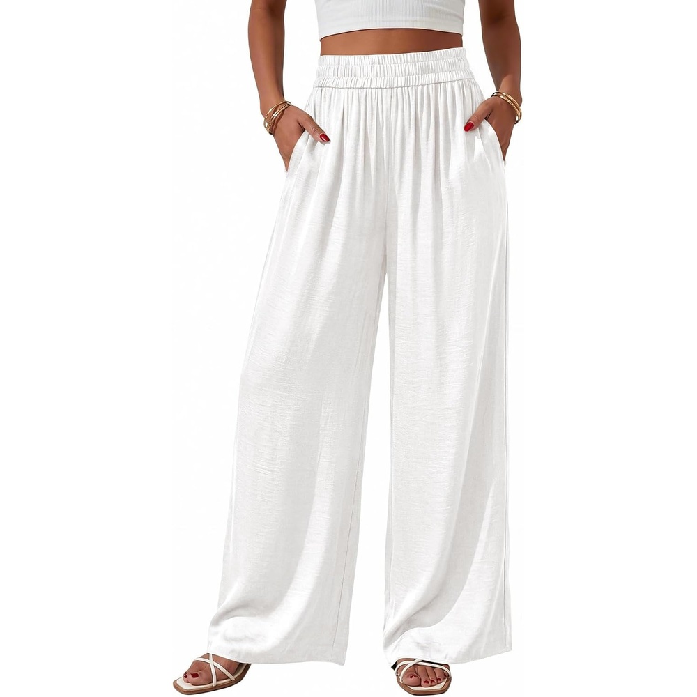 image:imageBTFBM Wide Leg Pants Woman Summer 2026 Pockets Dressy Flowy Lightweight Glitter Satin Palazzo Beach Vacation ClothesWhite