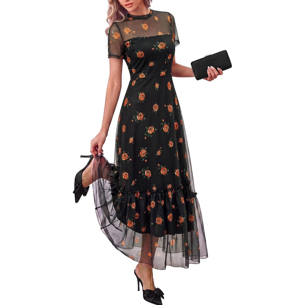 image:imageBTFBM Womens Mesh Ruffle Boho Cocktail DressesFloral Black Orange