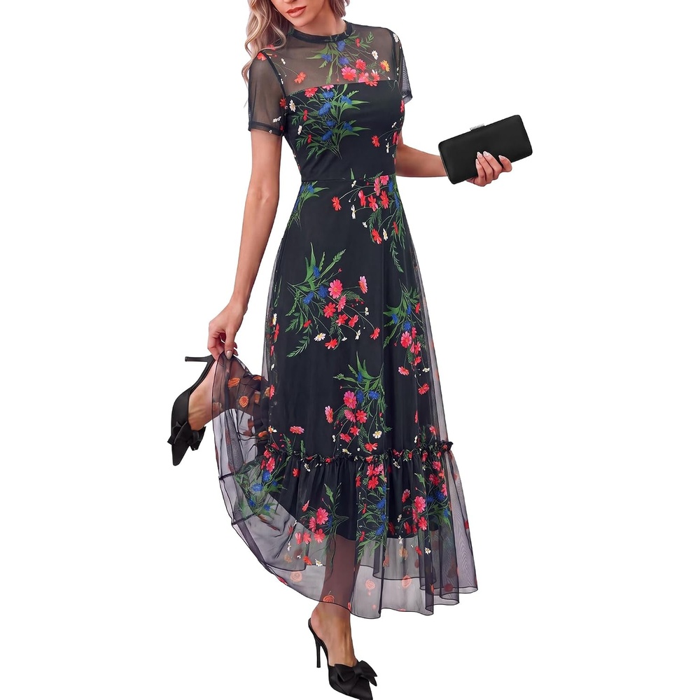 image:imageBTFBM Womens Mesh Ruffle Boho Cocktail DressesFloral Black Pink