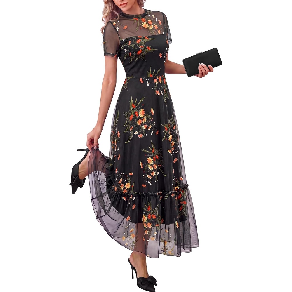 image:imageBTFBM Womens Mesh Ruffle Boho Cocktail DressesFloral Black Yellow