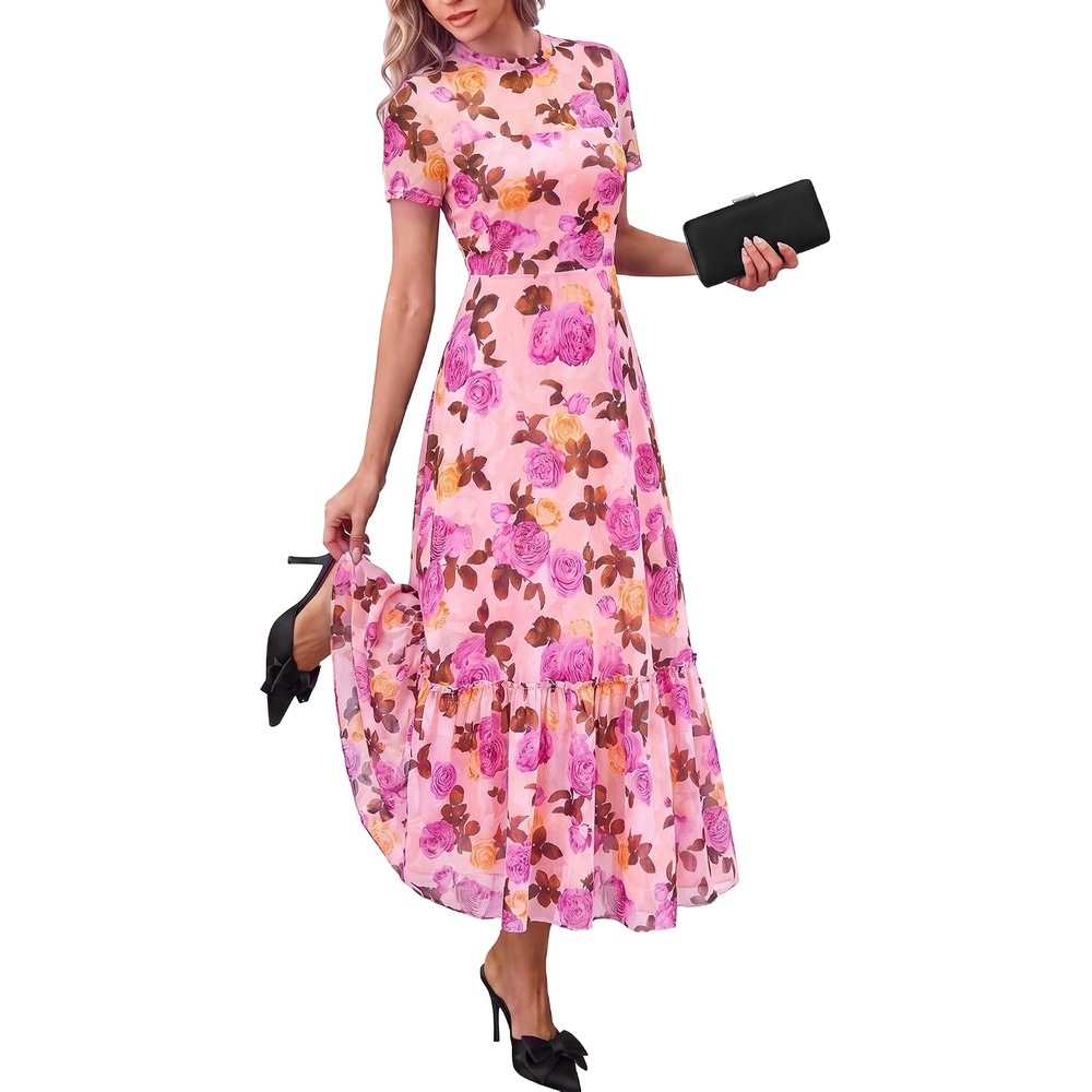 image:imageBTFBM Womens Mesh Ruffle Boho Cocktail DressesFloral Pink Purple