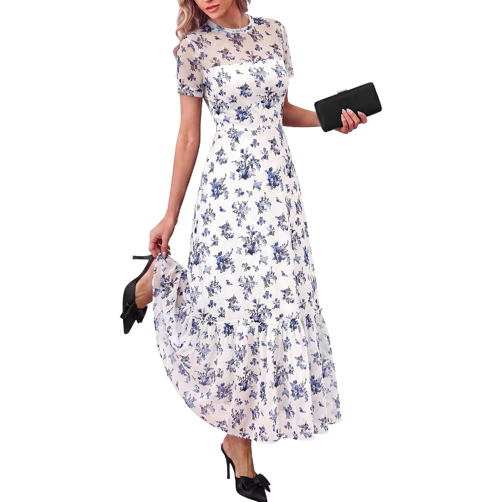 image:imageBTFBM Womens Mesh Ruffle Boho Cocktail DressesFloral White Blue