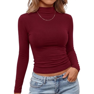 BTFBM Mock Tops for Women Fitted Long Sleeve T Shirts(Burgundy)